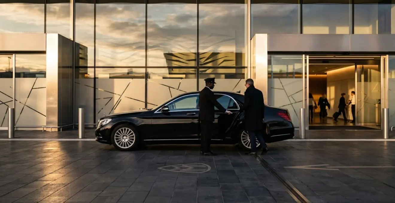 Limousine noire luxueuse devant l'entrée d'un terminal FBO moderne avec chauffeur ouvrant la portière