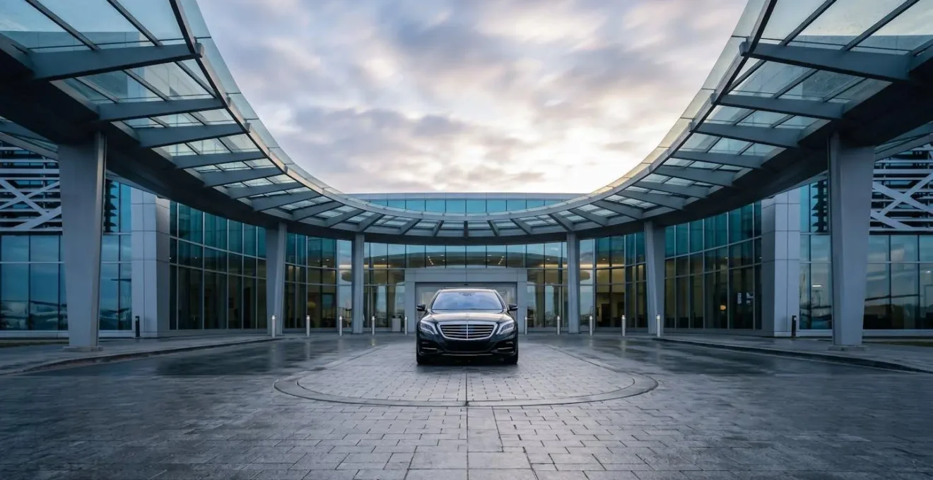 Véhicule de luxe positionné devant l'entrée d'un terminal FBO moderne