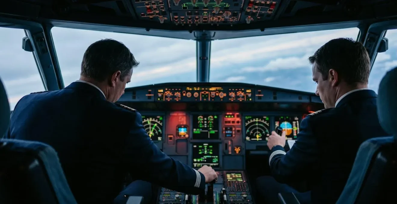 Vue cockpit d'un jet d'affaires en approche pentue avec les deux pilotes concentrés sur leurs instruments