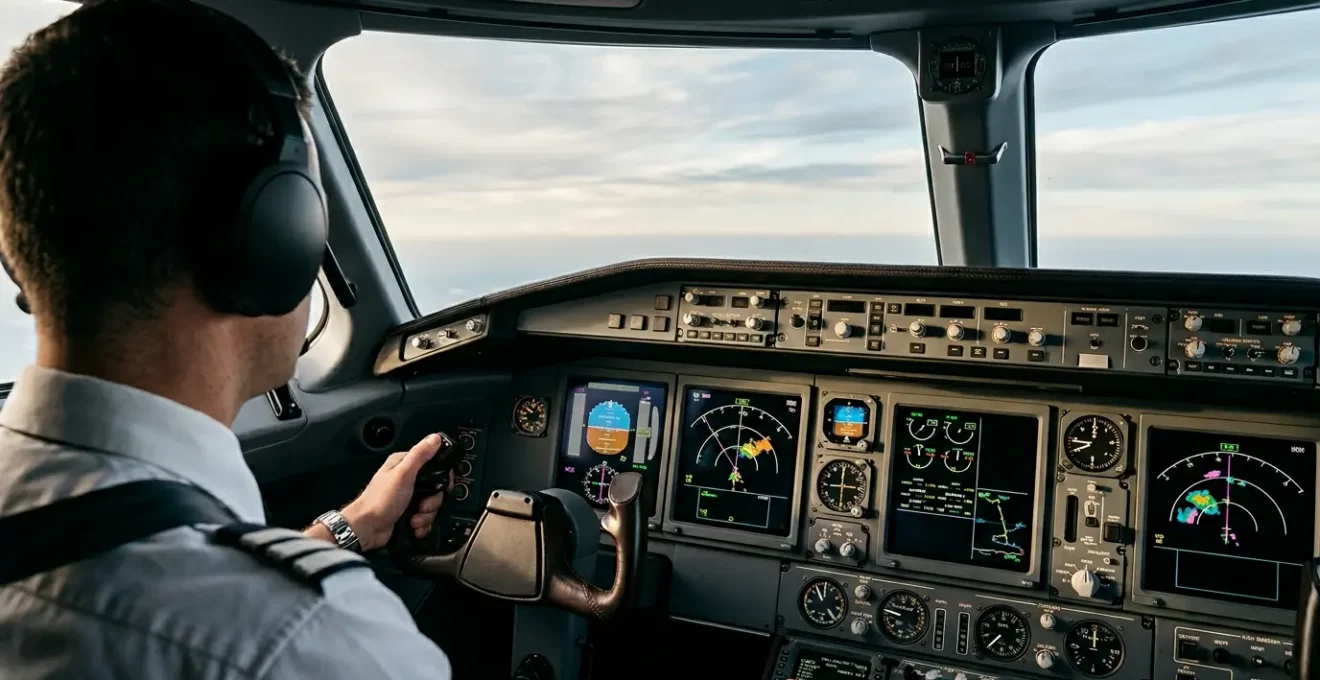 Vue du cockpit d'un jet privé avec les instruments de navigation montrant les indicateurs de vitesse