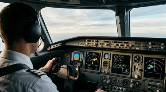 Vue du cockpit d'un jet privé avec les instruments de navigation montrant les indicateurs de vitesse