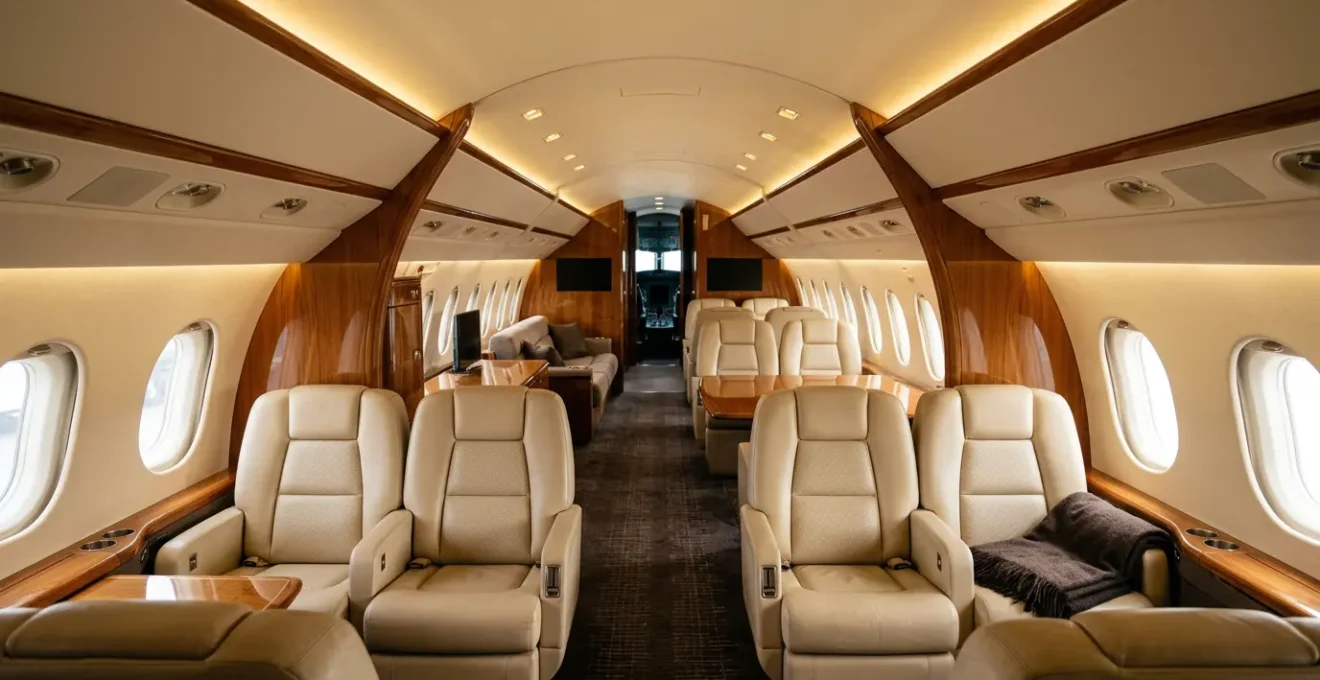 Vue intérieure luxueuse d'une cabine de jet privé avec écrans tactiles et éclairage ambiant