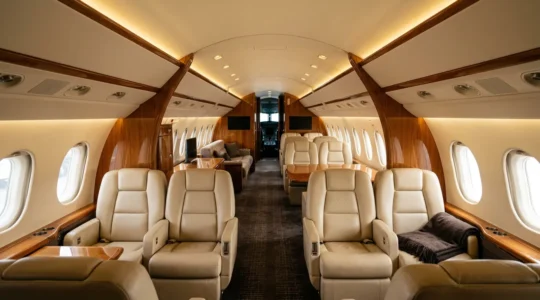 Vue intérieure luxueuse d'une cabine de jet privé avec écrans tactiles et éclairage ambiant