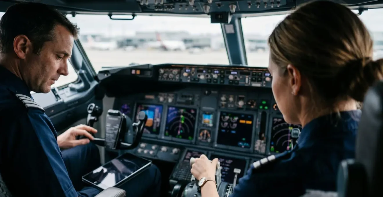 Vue arrière d'un cockpit de jet privé avec pilotes préparant le vol