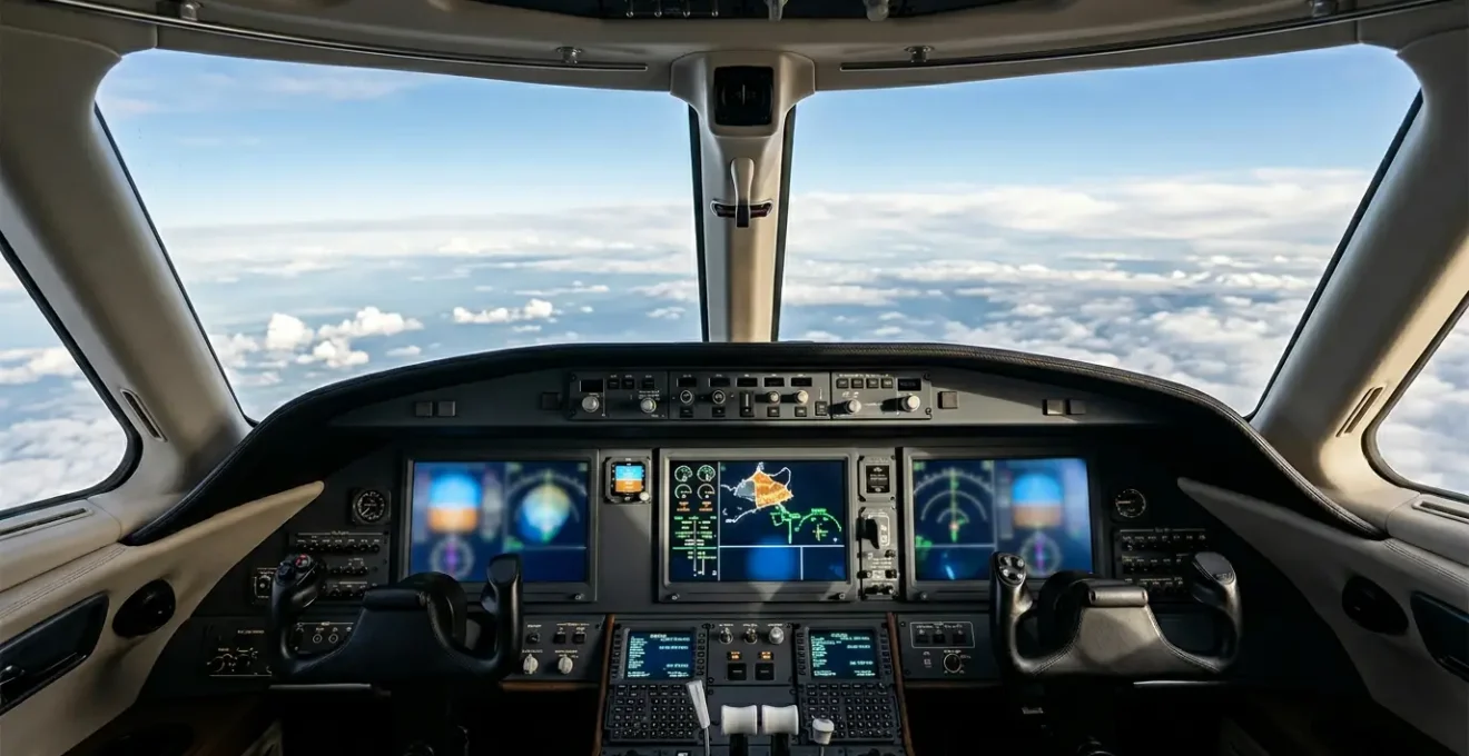Cockpit d'un jet privé moderne avec instruments de navigation avancés et vue sur l'horizon