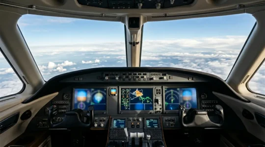 Cockpit d'un jet privé moderne avec instruments de navigation avancés et vue sur l'horizon
