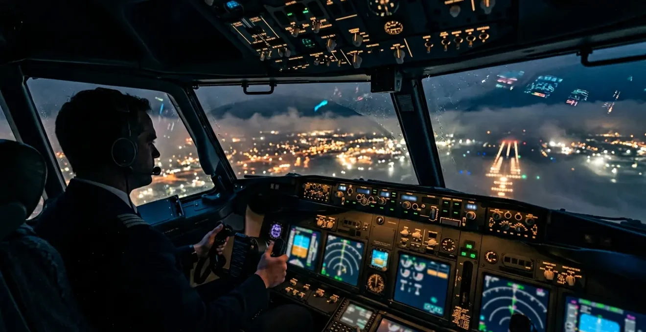 Vue depuis un cockpit d'avion moderne avec système de réalité augmentée affichant des informations de vol superposées sur le pare-brise dans des conditions de faible visibilité