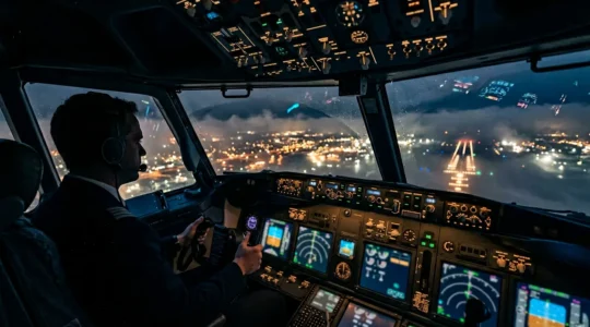 Vue depuis un cockpit d'avion moderne avec système de réalité augmentée affichant des informations de vol superposées sur le pare-brise dans des conditions de faible visibilité