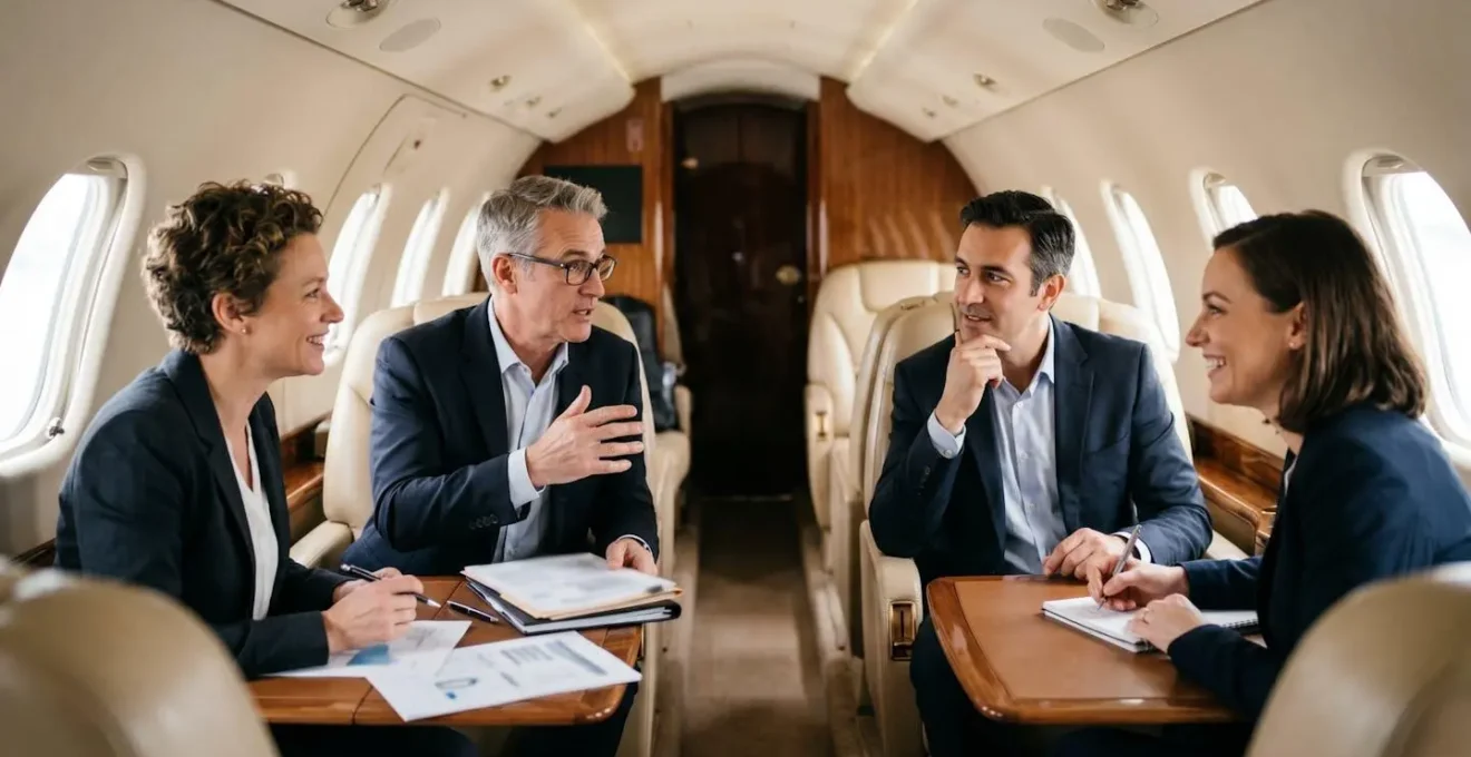 Intérieur luxueux d'un jet privé avec sièges en cuir et tables de travail