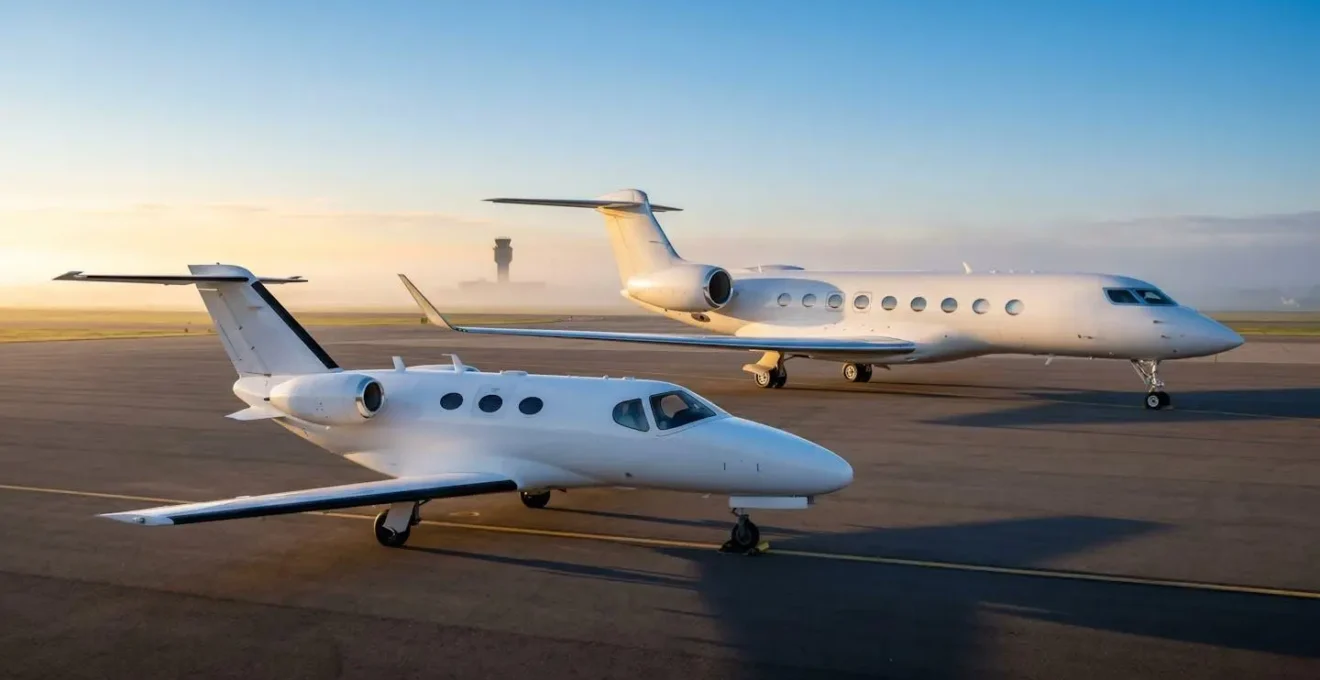 Deux jets privés stationnés sur le tarmac d'un aéroport d'affaires européen au lever du soleil