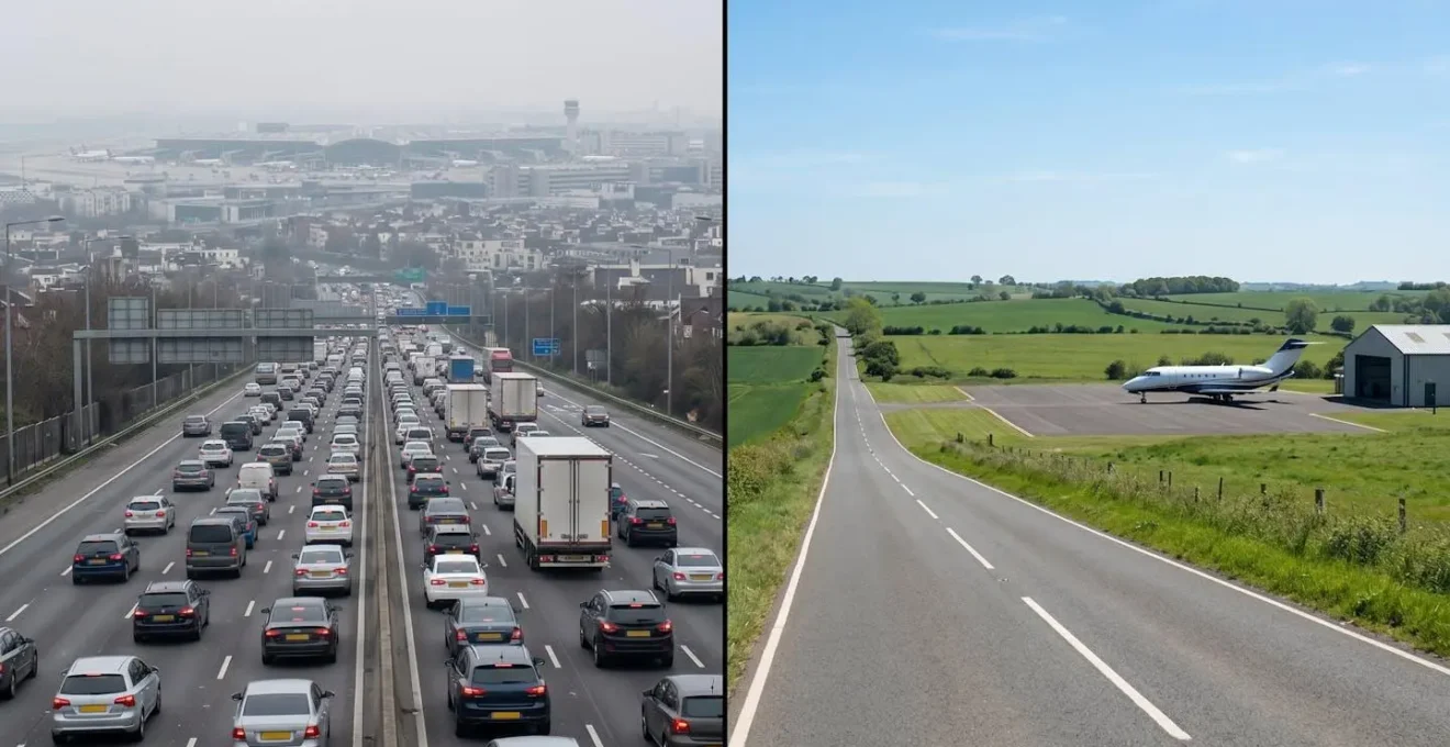 Illustration comparative montrant deux trajets depuis une destination finale : l'un court et direct depuis un aérodrome local, l'autre long et congestionné depuis un grand hub.