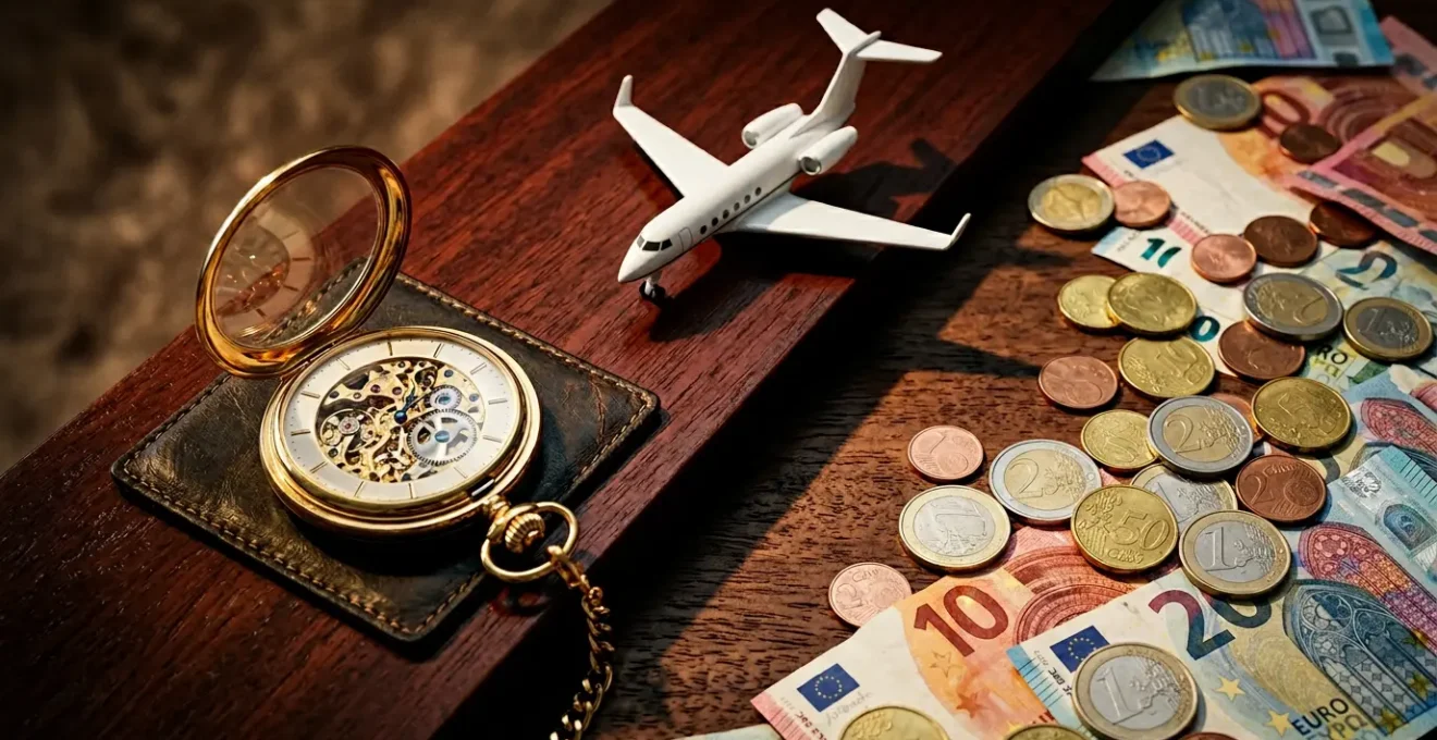 Vue aérienne d'un jet privé survolant un paysage d'affaires avec documents et calculatrice en premier plan