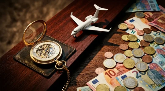 Vue aérienne d'un jet privé survolant un paysage d'affaires avec documents et calculatrice en premier plan