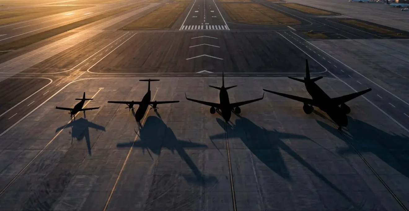 Vue aérienne de différents types d'avions d'affaires alignés sur un tarmac privé