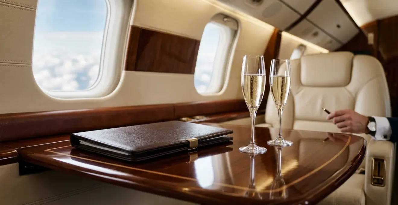 Vue intérieure luxueuse d'un jet privé avec documents posés sur table en acajou