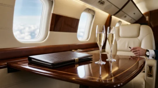 Vue intérieure luxueuse d'un jet privé avec documents posés sur table en acajou
