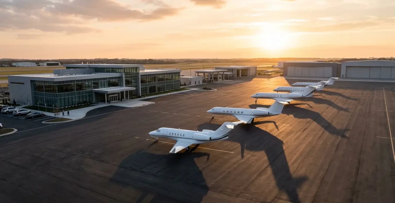 Vue aérienne d'un terminal d'aviation privée avec jets stationnés et contrôle douanier