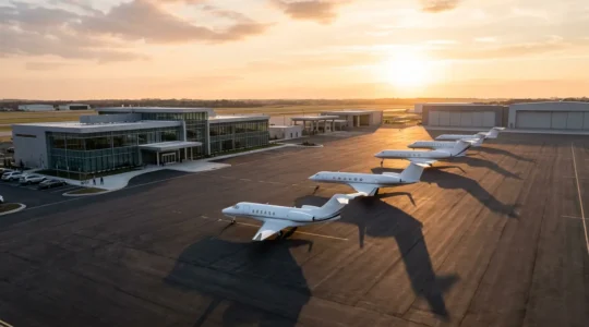 Vue aérienne d'un terminal d'aviation privée avec jets stationnés et contrôle douanier