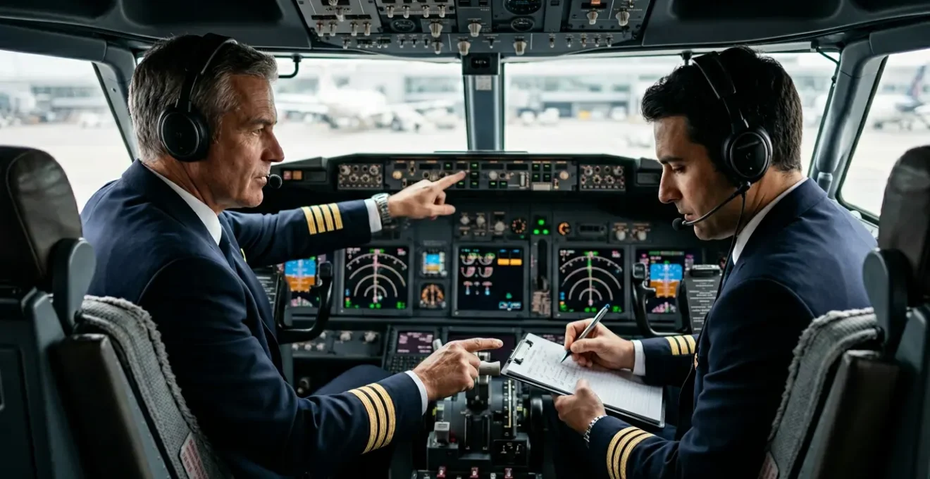 Cockpit d'avion moderne avec pilotes expérimentés vérifiant les procédures de sécurité avant vol