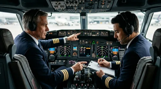 Cockpit d'avion moderne avec pilotes expérimentés vérifiant les procédures de sécurité avant vol