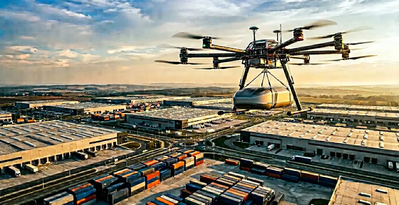 Drone cargo autonome survolant une infrastructure logistique moderne avec des conteneurs multicolores