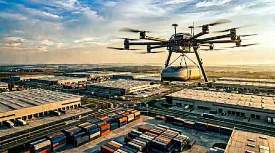 Drone cargo autonome survolant une infrastructure logistique moderne avec des conteneurs multicolores