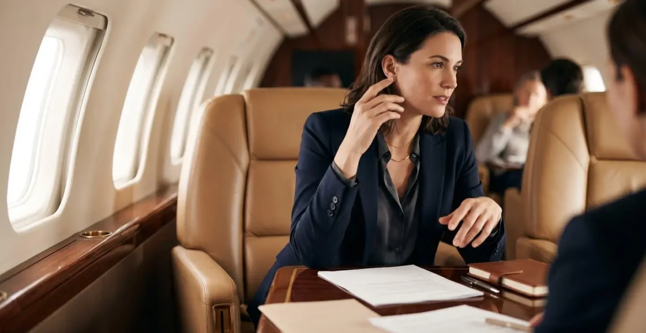 Configuration bureau dans une cabine de jet privé avec table de conférence et équipements
