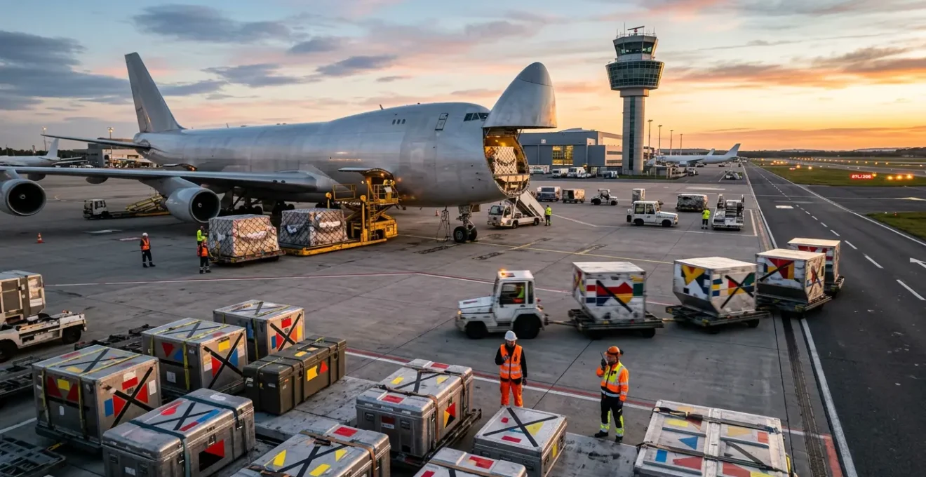 Vue panoramique d'un aéroport européen avec avion cargo en chargement et pièces critiques prêtes à l'envoi