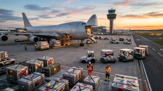 Vue panoramique d'un aéroport européen avec avion cargo en chargement et pièces critiques prêtes à l'envoi
