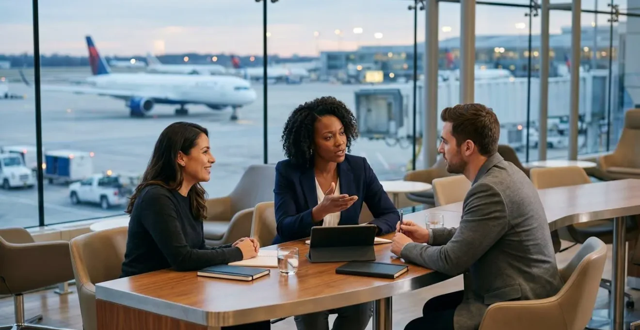Réunion d'une équipe de gestionnaires de risques dans un salon d'aéroport, symbolisant la négociation collective.