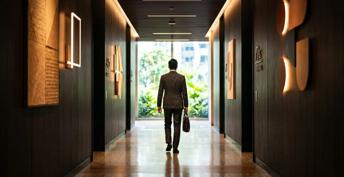 Couloir privé élégant d'un terminal d'affaires avec éclairage tamisé et perspective menant vers une sortie lumineuse
