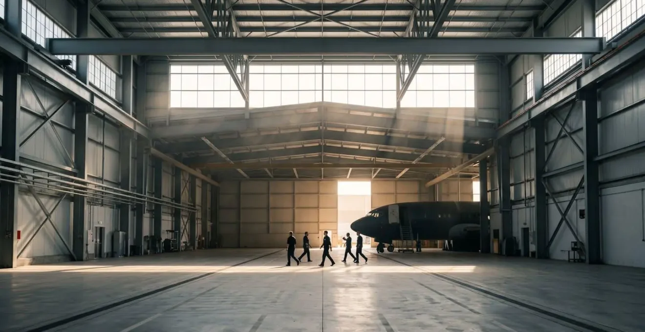Vue large d'un hangar d'entraînement avec équipage en formation d'évacuation d'urgence