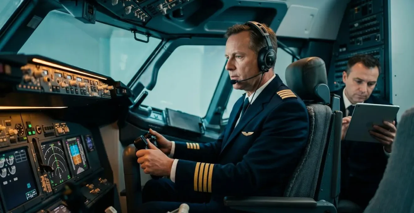 Pilote professionnel s'entraînant dans un simulateur de vol haute technologie