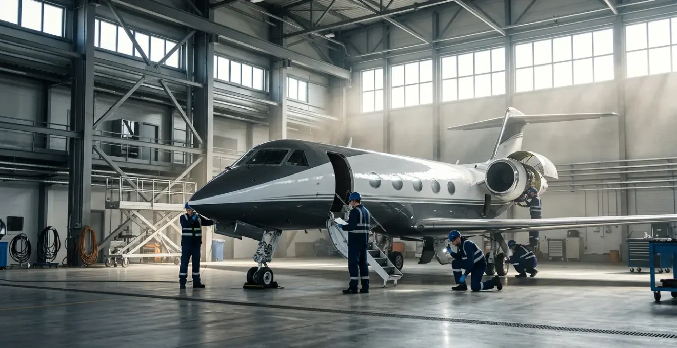 Vue latérale d'un avion d'affaires dans un hangar moderne avec équipe de maintenance professionnelle