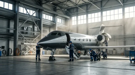 Vue latérale d'un avion d'affaires dans un hangar moderne avec équipe de maintenance professionnelle
