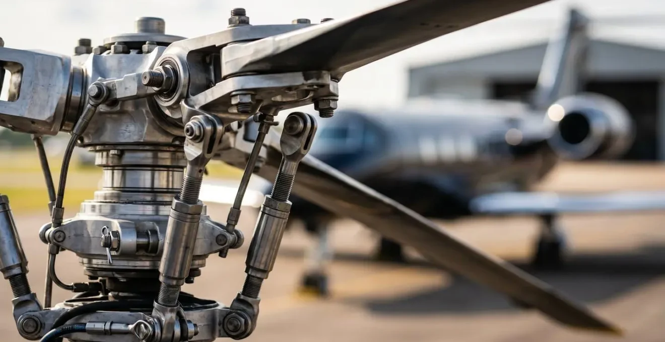 Vue rapprochée d'un rotor d'hélicoptère avec jet privé flou en arrière-plan