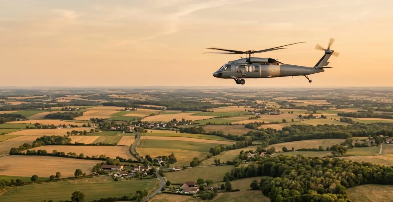 Hélicoptère survolant la campagne entre Pontoise et Le Bourget avec vue aérienne