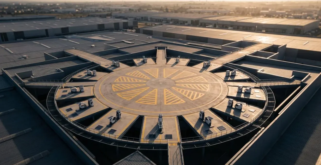Vue aérienne d'un vertiport moderne intégré à un complexe d'entrepôts avec drones eVTOL en approche