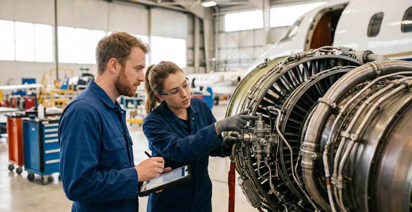 Techniciens effectuant une inspection détaillée d'un jet privé dans un hangar de maintenance certifié