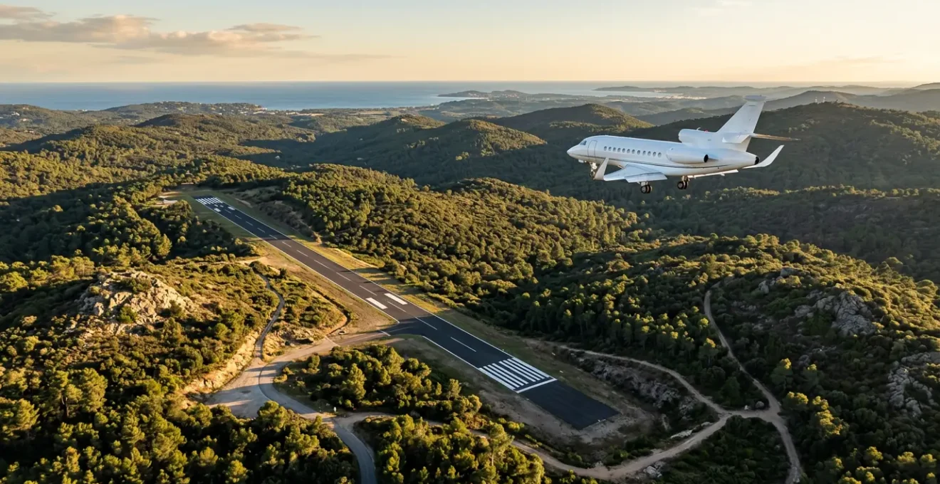 Vue aérienne d'un jet privé approchant l'aéroport de La Môle entouré de collines méditerranéennes