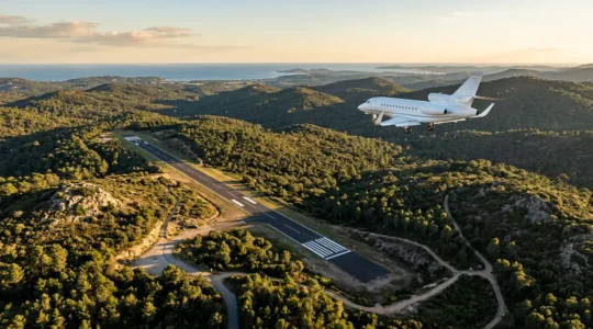 Vue aérienne d'un jet privé approchant l'aéroport de La Môle entouré de collines méditerranéennes