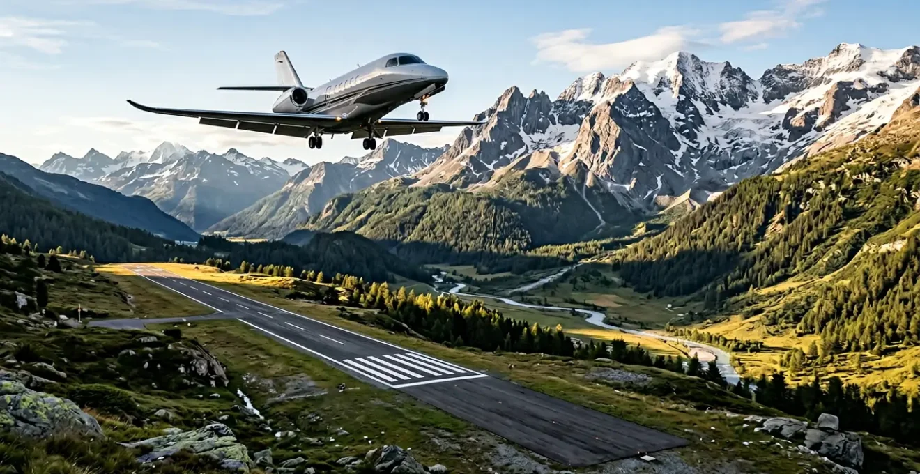 Jet d'affaires en approche finale sur une piste de montagne entourée de sommets alpins