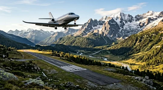 Jet d'affaires en approche finale sur une piste de montagne entourée de sommets alpins