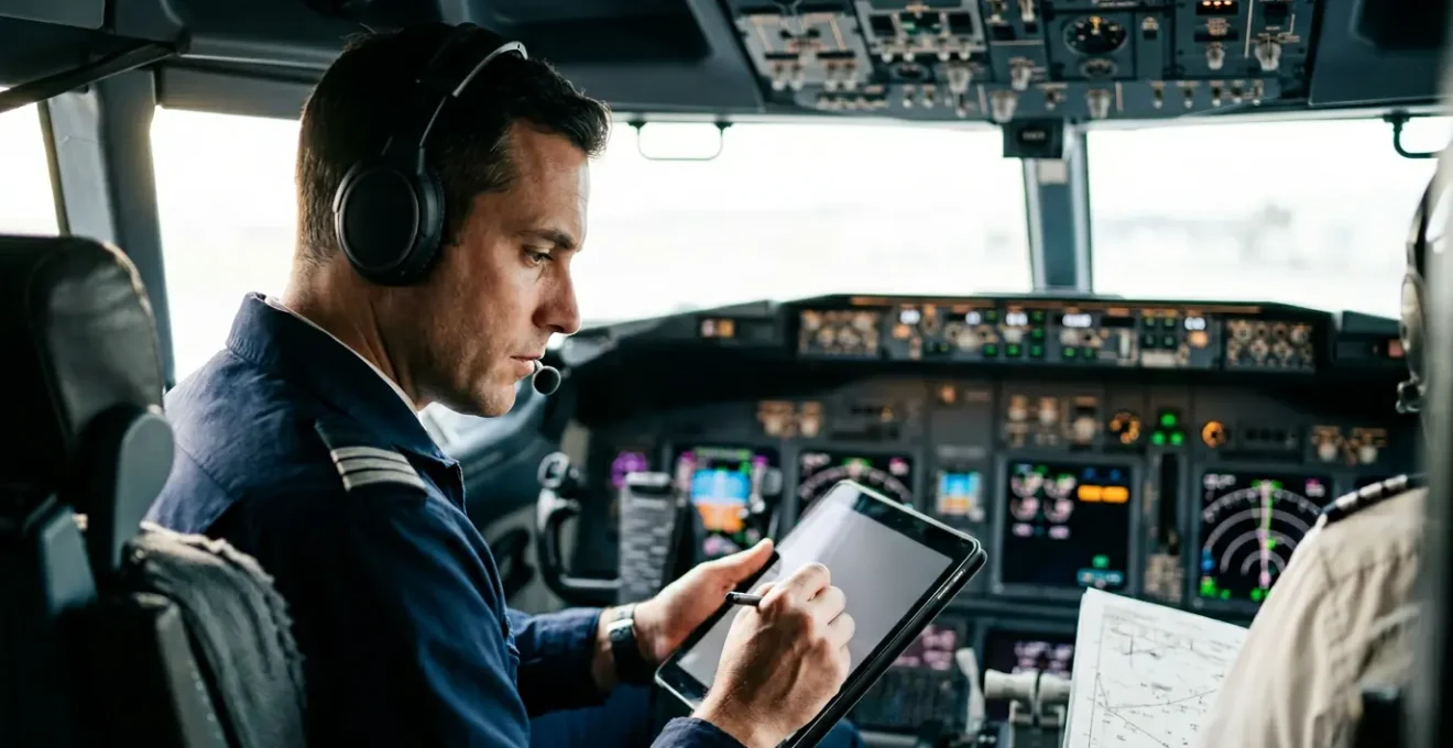 Pilote consultant des données de vol et calculant l'autonomie réelle d'un jet privé dans un cockpit moderne