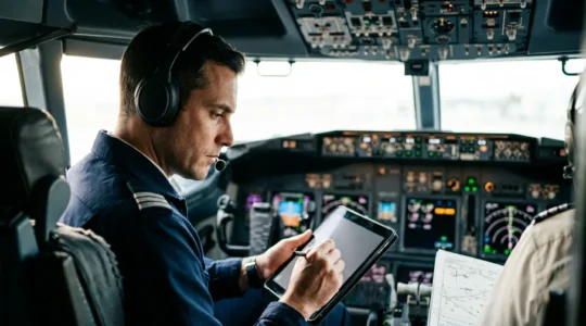 Pilote consultant des données de vol et calculant l'autonomie réelle d'un jet privé dans un cockpit moderne