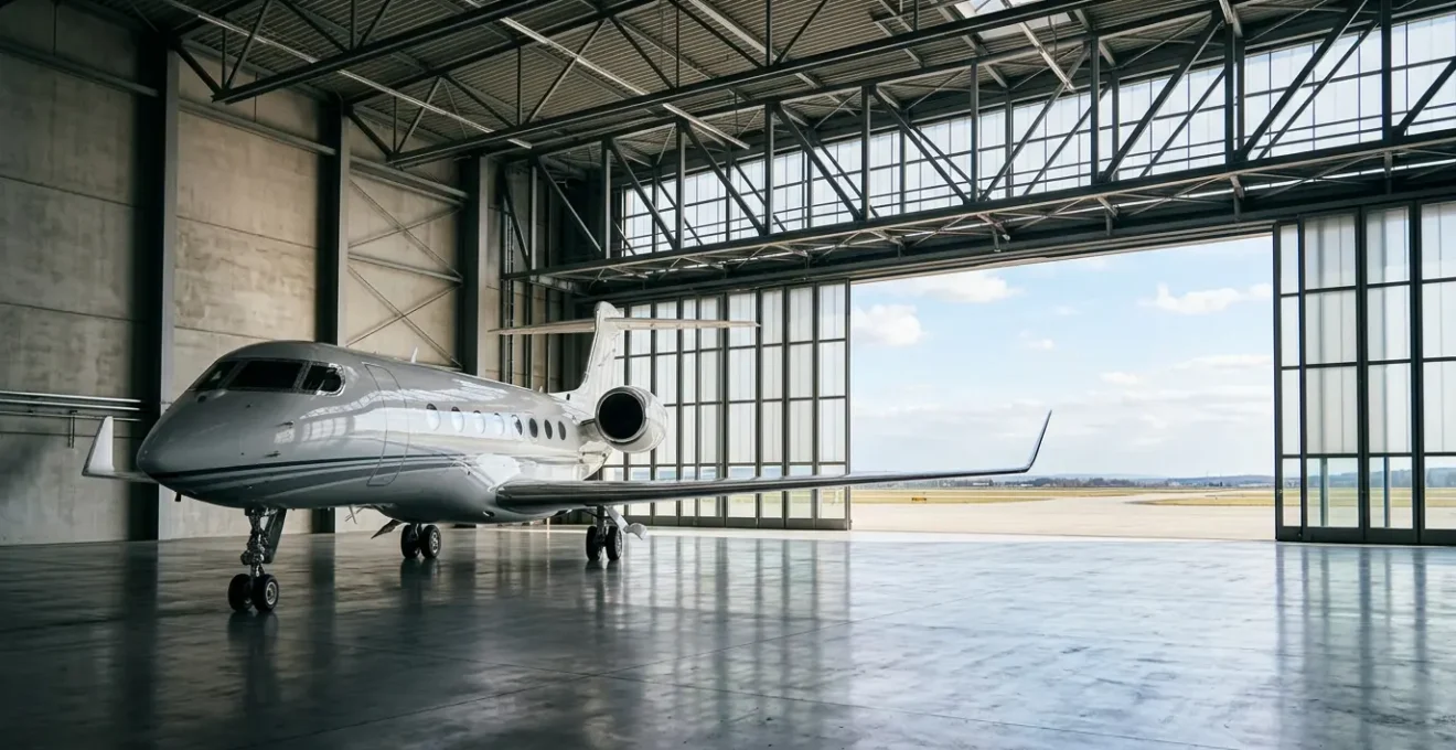 Jet privé d'affaires stationné dans un hangar moderne avec vue sur piste d'aéroport