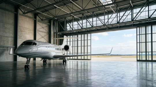 Jet privé d'affaires stationné dans un hangar moderne avec vue sur piste d'aéroport