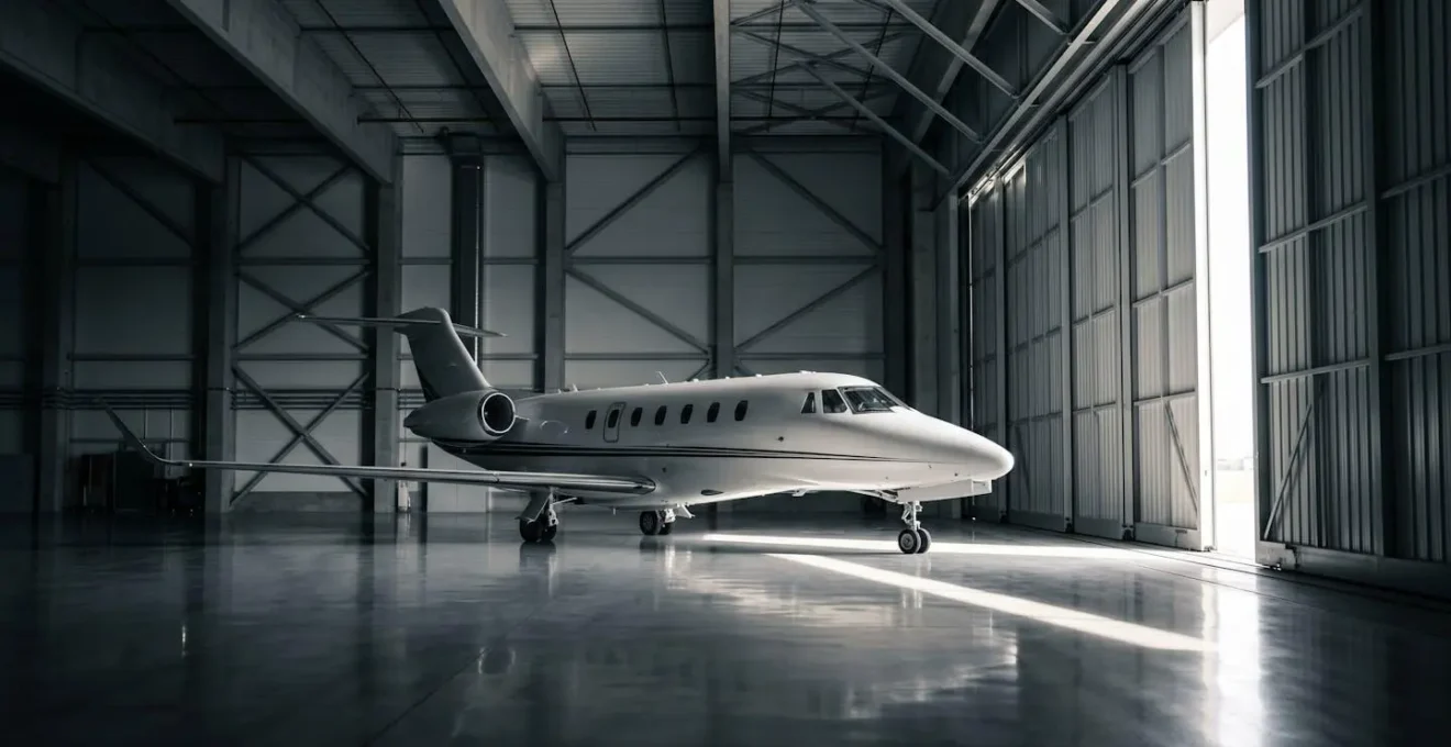 Jet privé dans un hangar sécurisé, symbolisant la protection contre les risques géopolitiques invisibles.