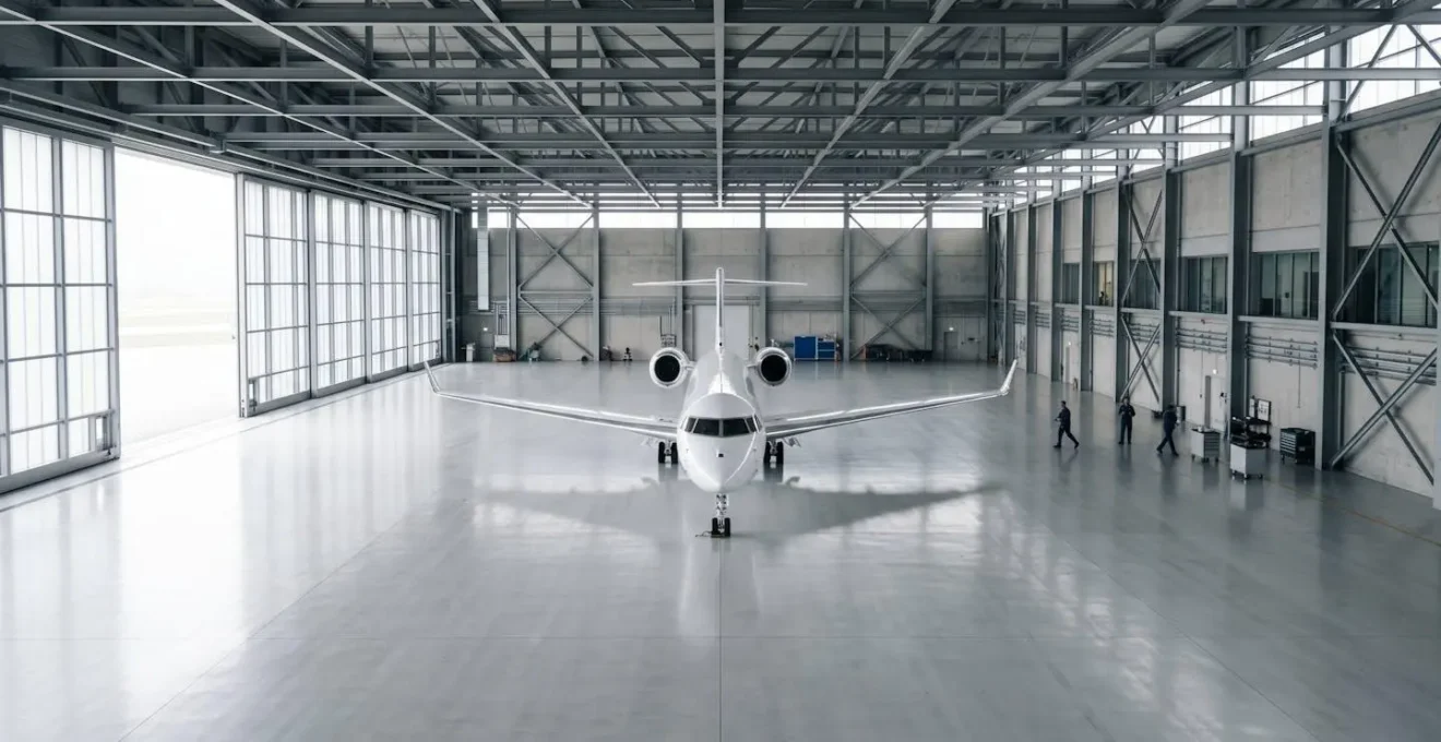 Jet privé en inspection dans un hangar de maintenance moderne avec équipe technique