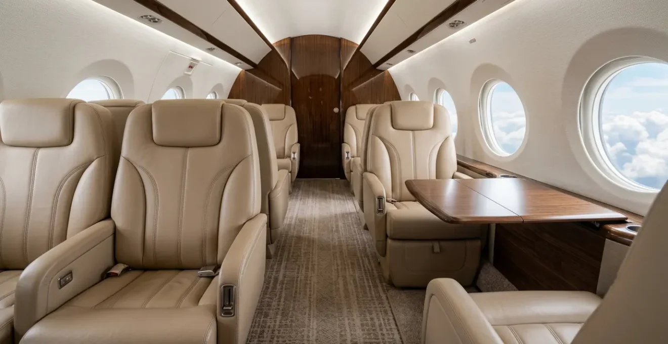 Vue intérieure d'un jet privé montrant des sièges en cuir beige et une table de travail avec des documents